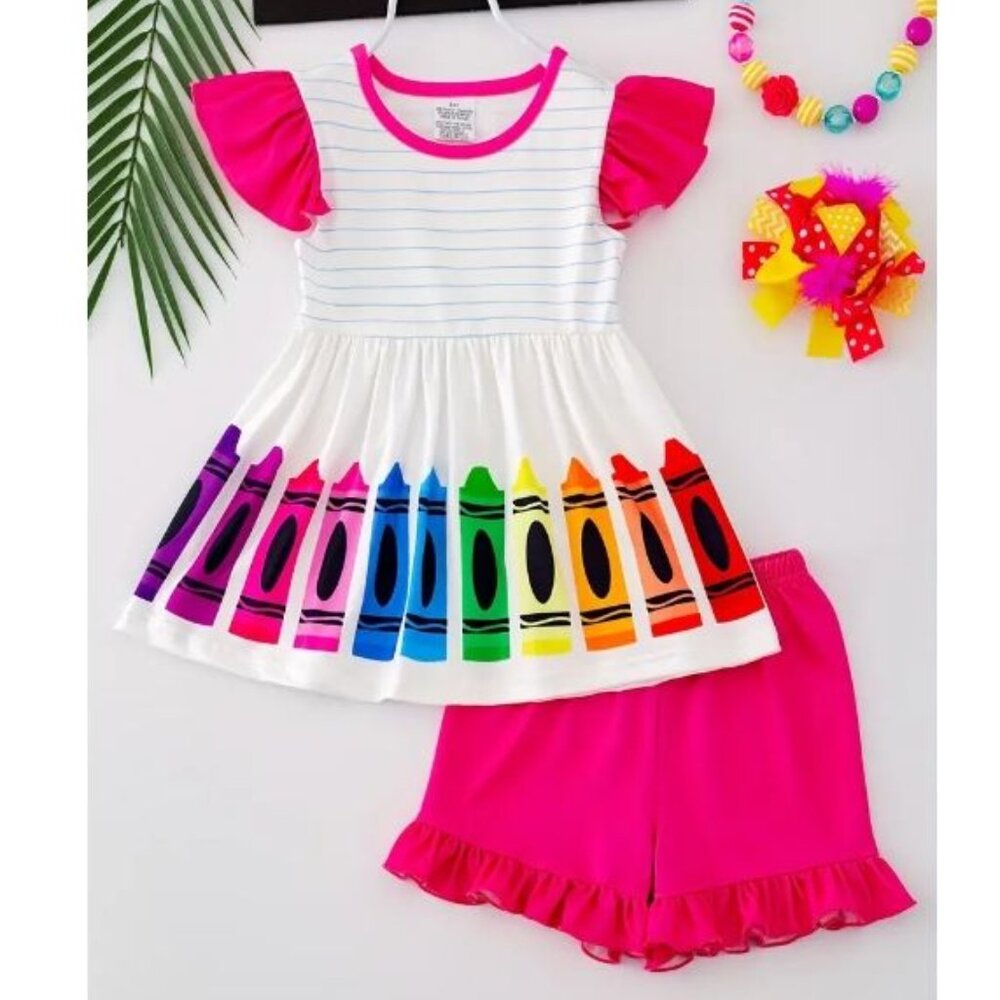 Boutique Back to School Crayon Tunic Dress & Ruffle Shorts Girls Outfit Set